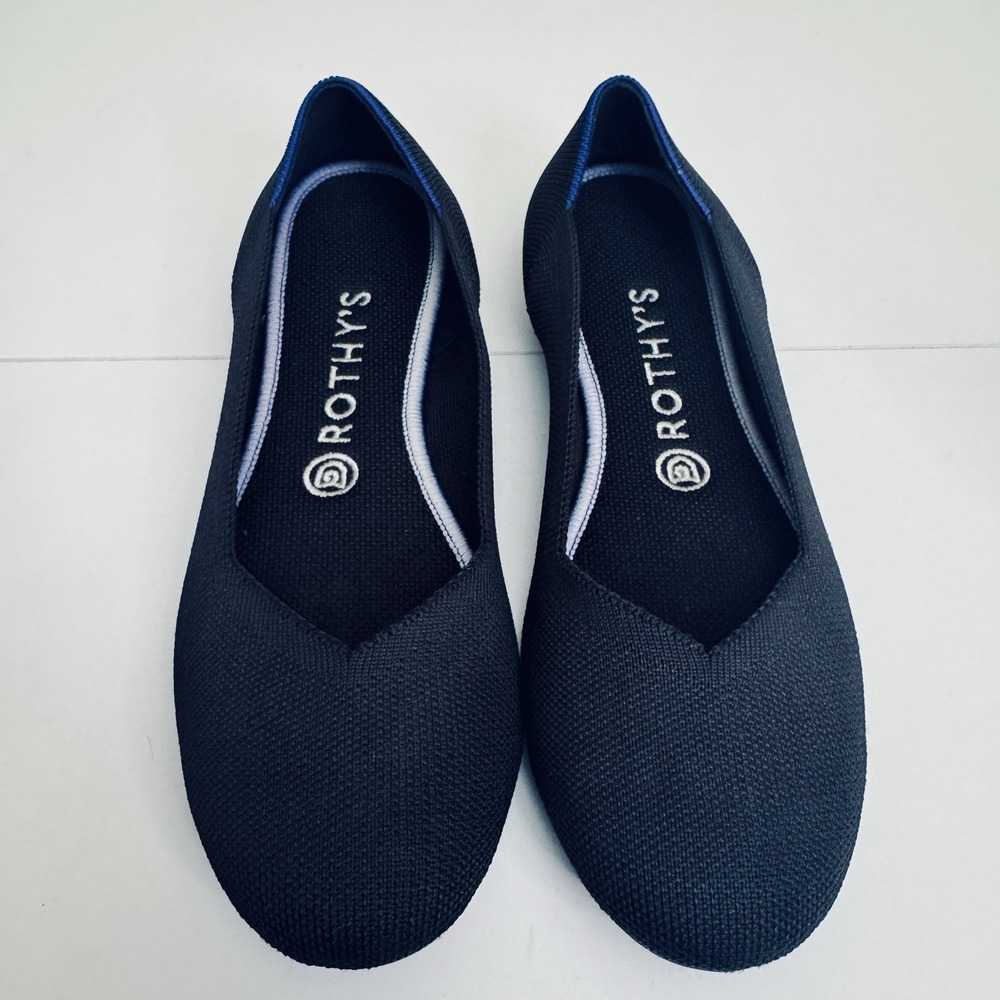 Rothys Women Size 9 Flats Black Blue Sandals Slip Ons Shoes Round Toe